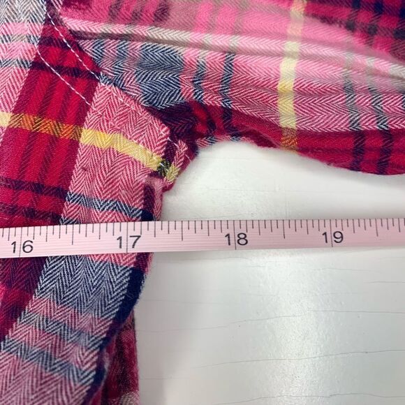 Upcycled Pink and Navy Distressed Bleach Splatter Plaid Button Down Shirt - Picture 5 of 6